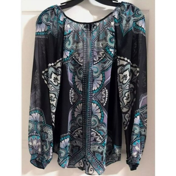 Hale Bob 100% Silk Chiffon Long Sleeve Boho Blouse Top SZ M Midnight Blue - Picture 4 of 4
